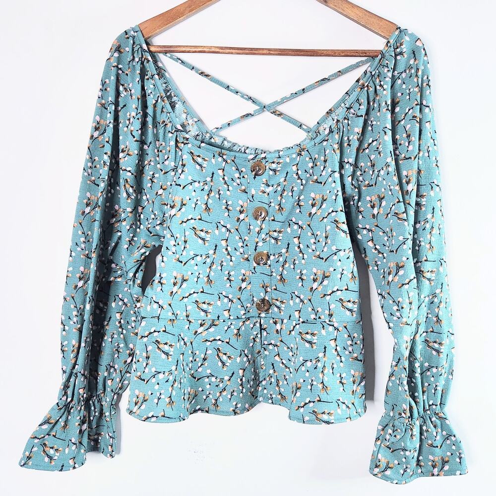 Full Circle Trends Sea Green Floral Babydoll Crop Top Size Large Festival Boho